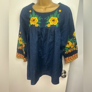 Ethnic By Outfitters Fusion Navy‎ Blue & Yellow Floral Embroidered Top NWOT M
